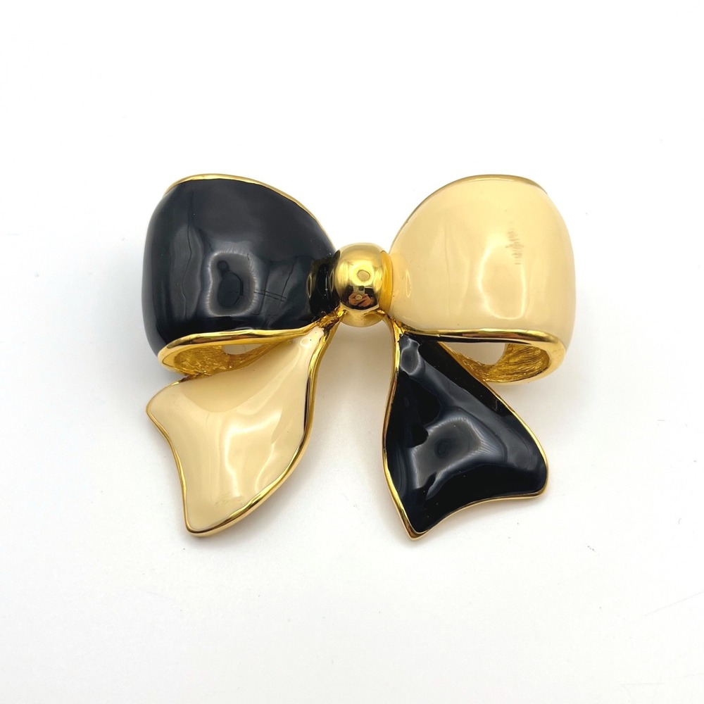 Vintage Joan Rivers Two Tone Enamel Bow Brooch Gold Tone‎ Black Cream Ribbon Pin